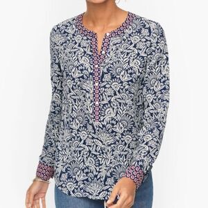 Talbots Long Sleeve Band Collar Flowy Floral Henley Style Popover Top. Small.